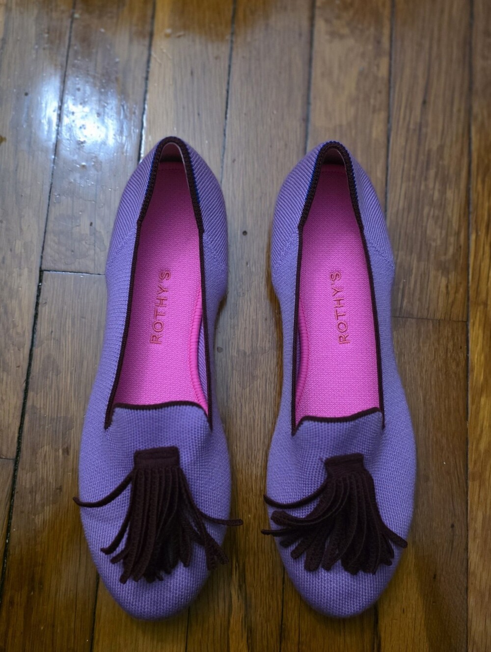 Rothy's Lavender Knit Flats with Pink Insole and Dark Tassels